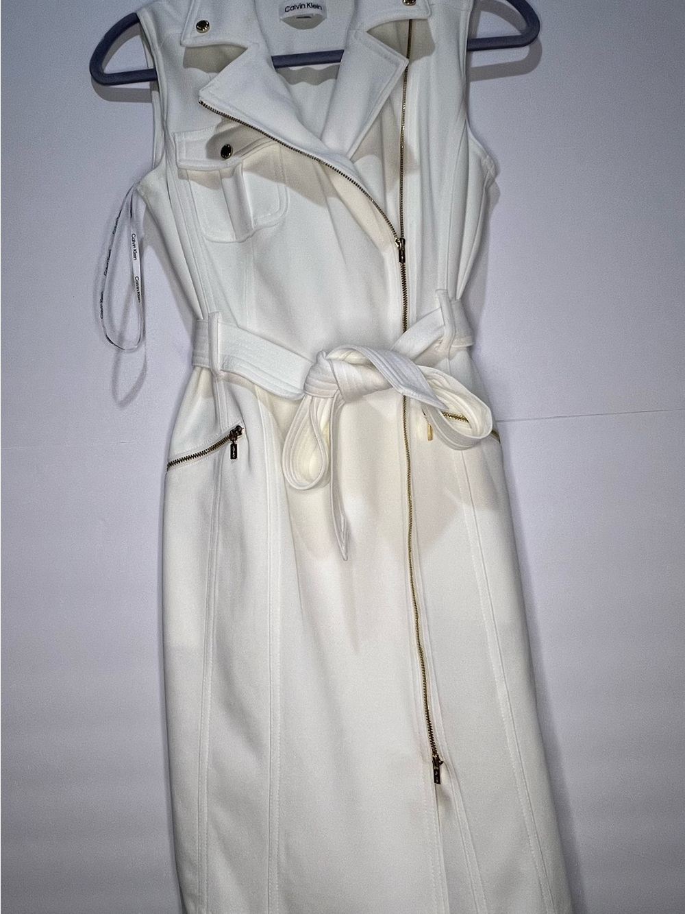Calvin Klein White Sleeveless Zip-Front Belted Midi Dress